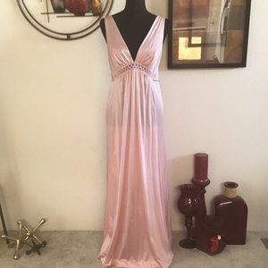 Vintage Pink Silky Empire Waist Maxi Long Nightgown Full Slip Dress Lingerie